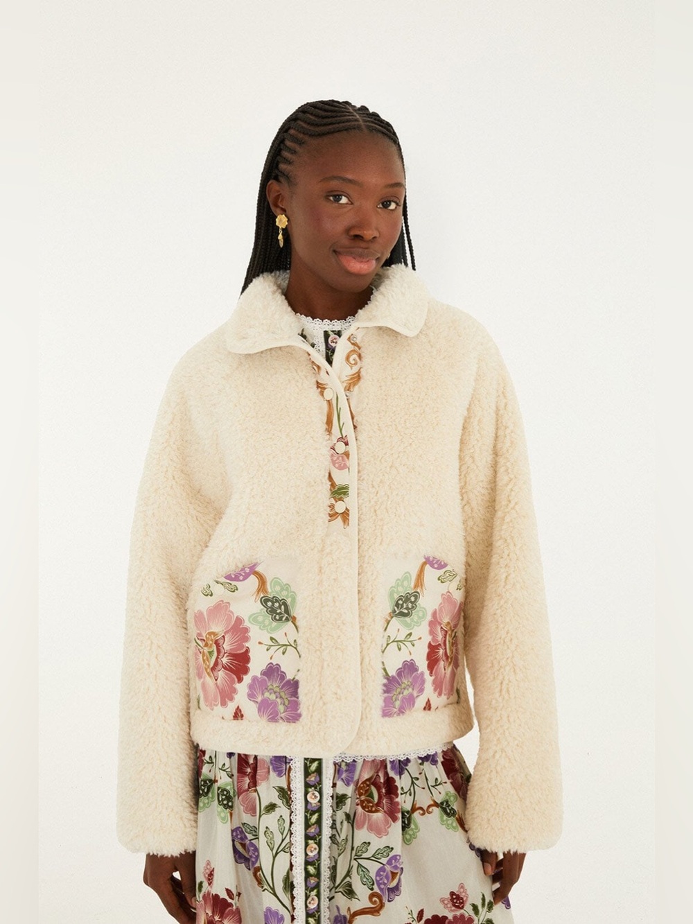 FARM RIO Cream Rococo Flowers Bomber Fleece Jacket Floral Snap Front Coat NWT